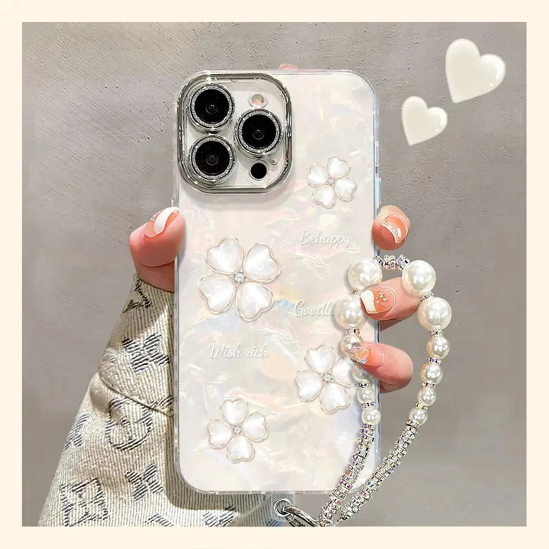 白色四叶草手链适用17iPhone17promax/16plus/15pro手机壳苹果13贝壳纹天使眼新款12PROMAX/11保护套15PLUS