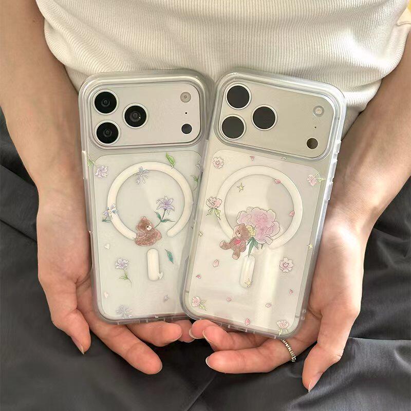 满屏紫花小熊适用于17苹果17Air/16ProMax有尾磁吸iPhone15pro/14/13保护套12/11纯色16新款苹果17PR0MAX防摔