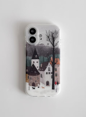 趣味雪景小镇适用iPhone16promax白色大孔IMD苹果15/14/13手机壳华为mate70vivo小米14红米k70oppo硬背软边