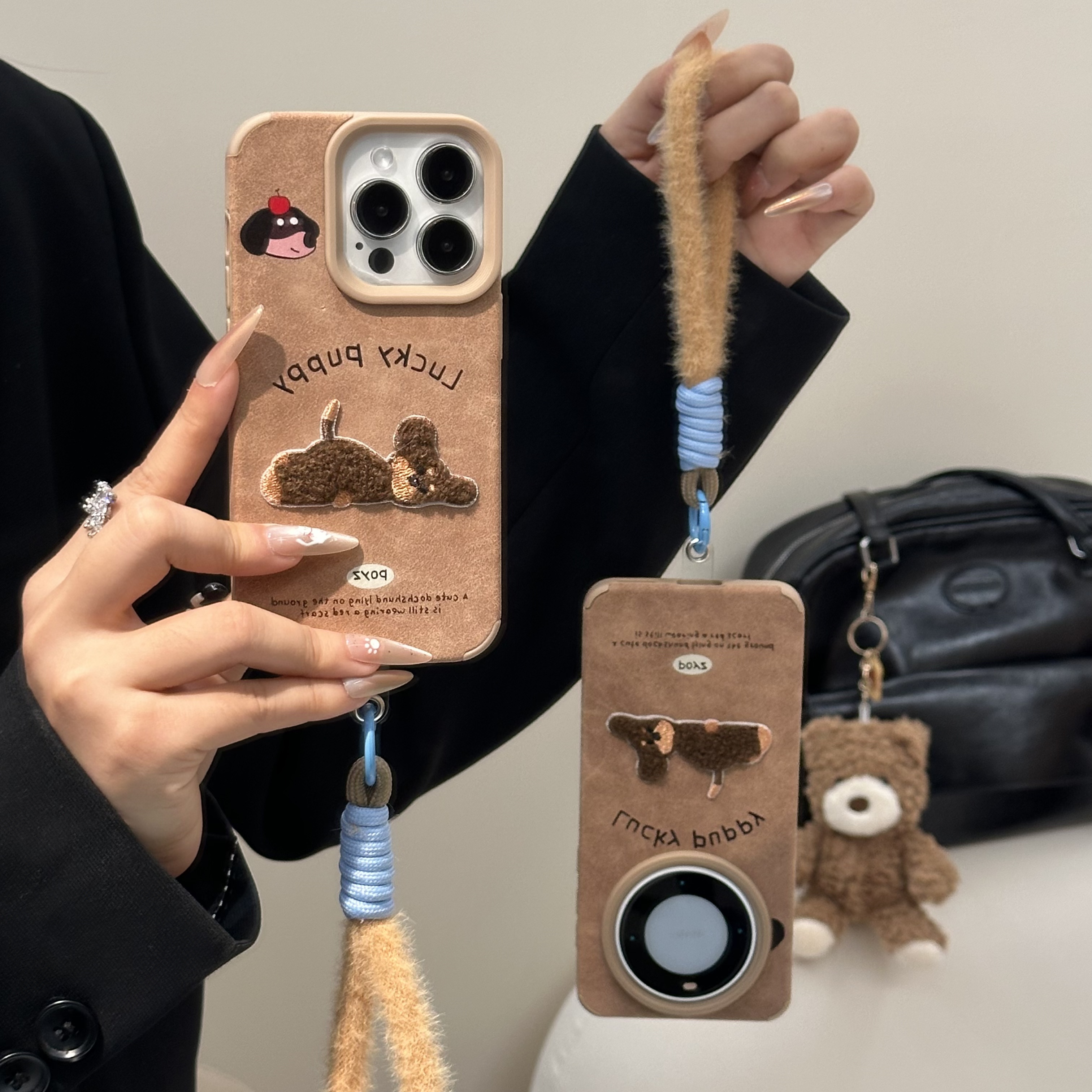 小狗标签挂绳适用于iPhone17苹果/华为/vivo/小米/oppo翻毛皮手机壳ip16promax/15/14/13棕色Mate70/Pura70软