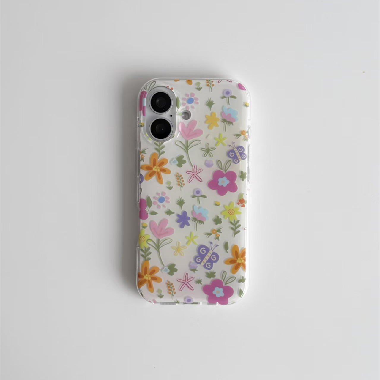 彩绘蝴蝶花草适用iPhone16promax白色大孔IMD苹果15/14/13防摔手机壳华为mate70vivo小米14红米k70oppo保护套