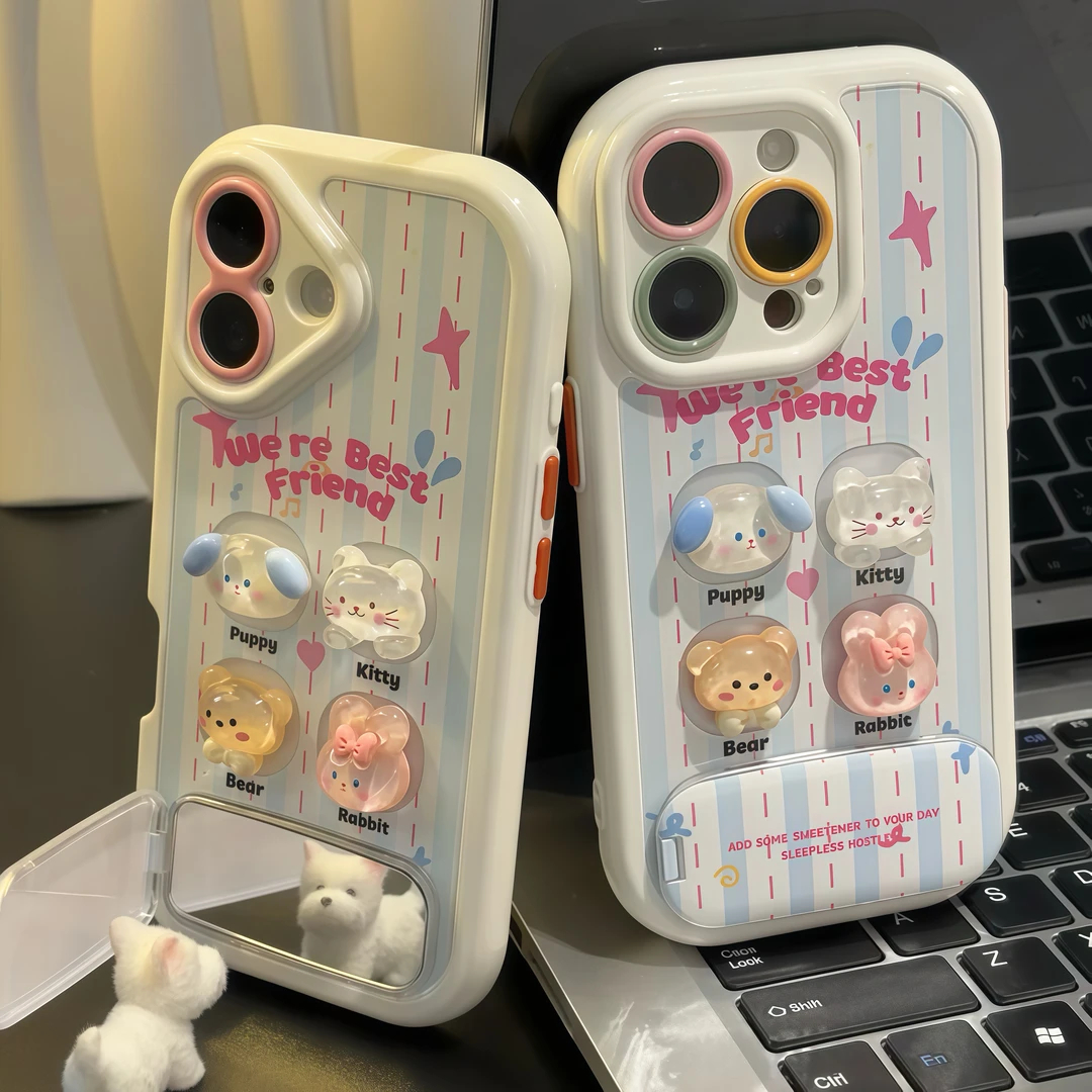 可爱小动物公仔支架适用苹果16promax白色奶油手机壳iPhone14/13可爱卡通12/11华为P70vivo小米15oppo保护套