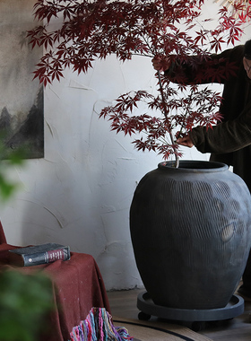 复古灰色陶罐侘寂风造景装饰花园翁缸粗陶土陶落地圆形大肚大花瓶