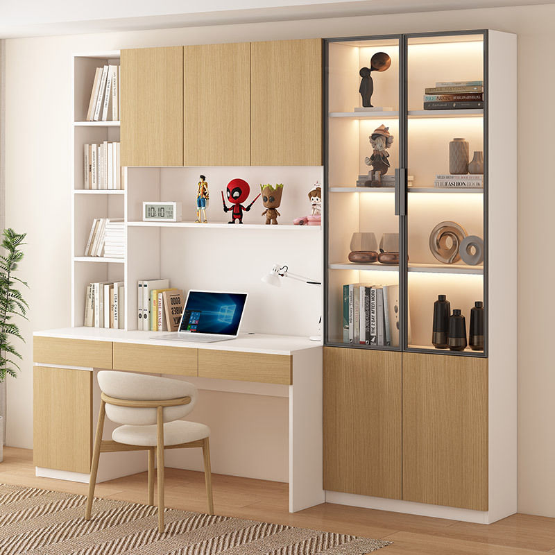 全实木书桌书架一体学生家用电脑桌卧室书柜组合小户型写字学习桌