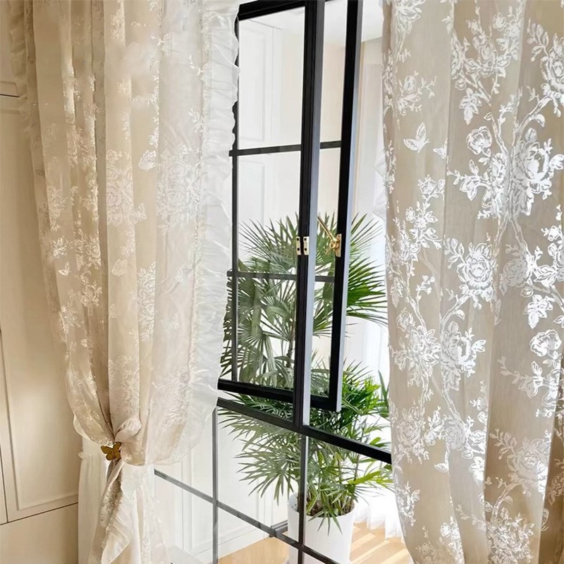 成都窗帘定制梦幻复古法式玫瑰奶茶色蝴蝶花窗纱浮雕高级感米色