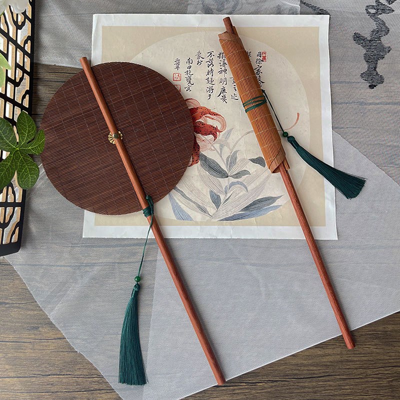 古风腰扇红木长柄可折叠团扇可旋转汉服便携扇子手工麈尾扇竹篦扇