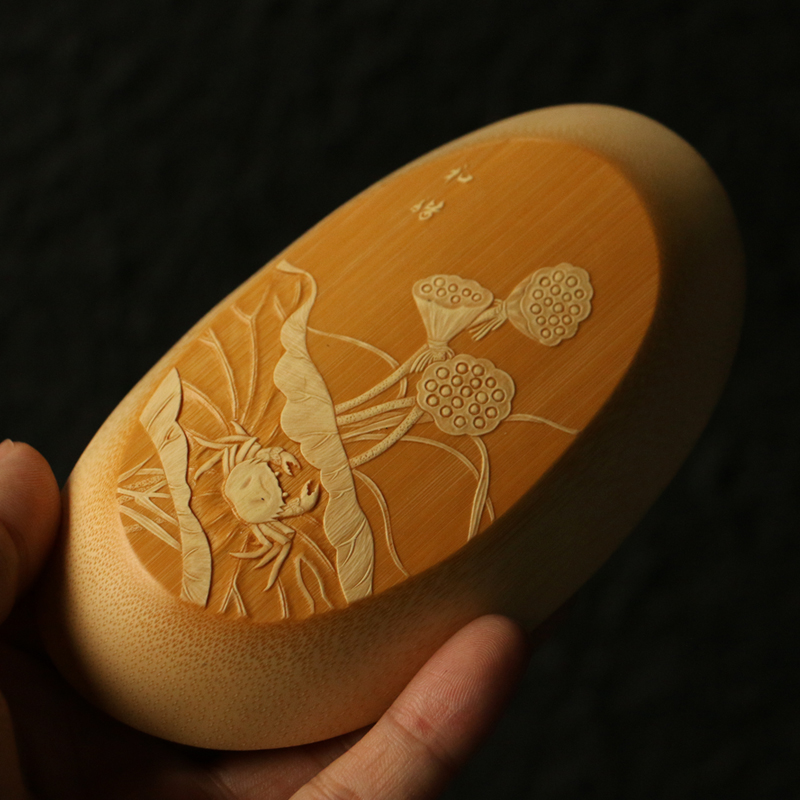 精品名家戚挺飞纯手工留青雕刻船型老玉竹茶则竹雕竹制把玩茶荷