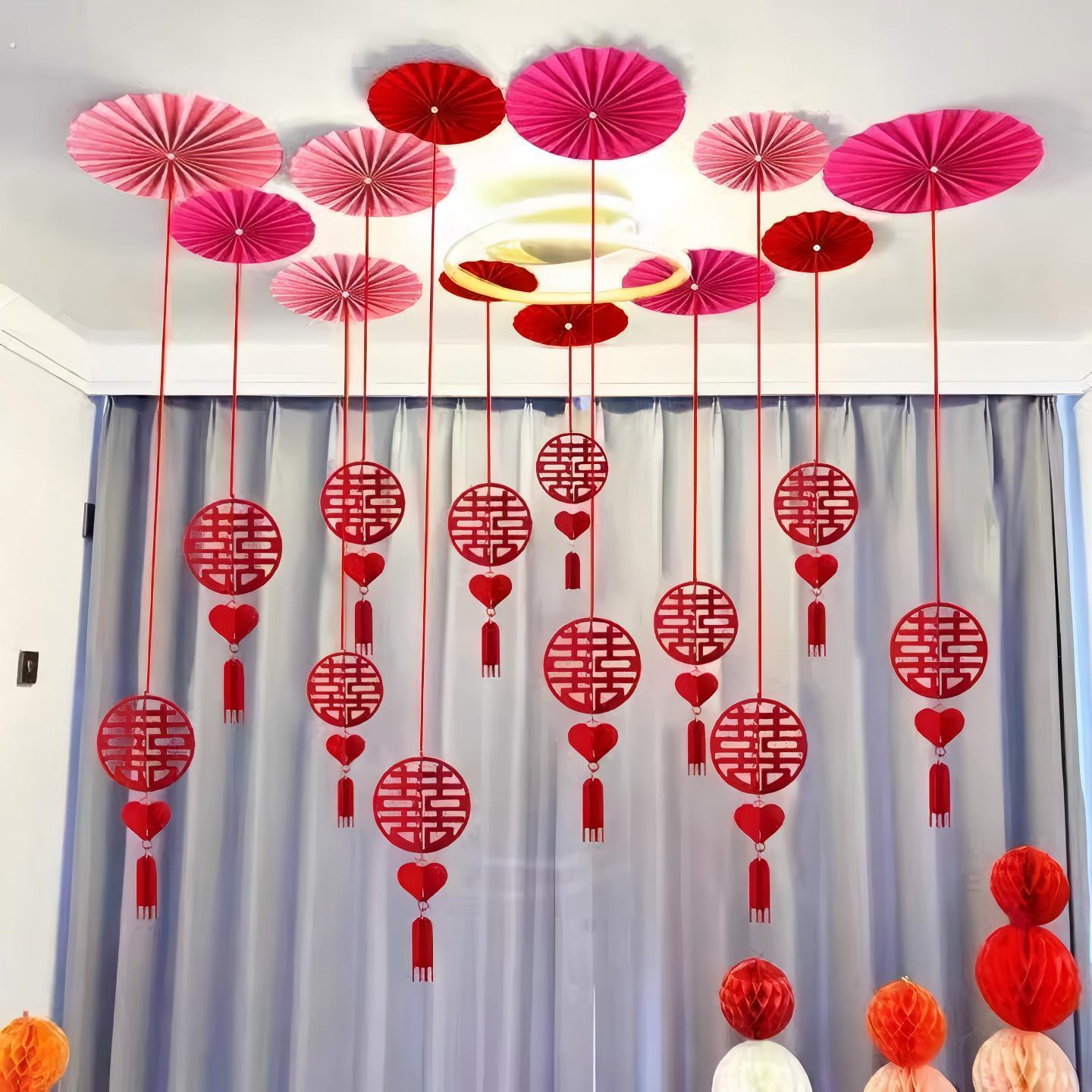 婚房装饰布置客厅卧室结婚装饰男女方吊顶布置天花板扇花喜字配饰