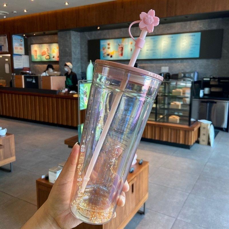 高颜值吸管大容量玻璃双层带盖水杯玻璃杯女士礼物桌面咖啡杯喝水