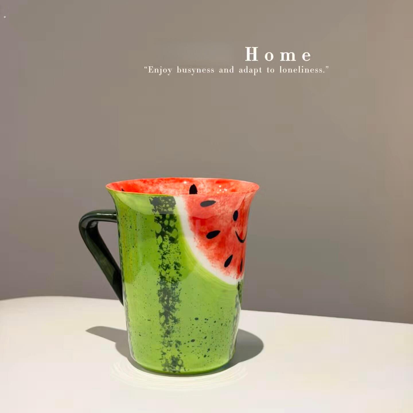 西瓜手绘情侣对杯创意陶瓷随手杯可爱图案杯子套装手作水杯主人杯
