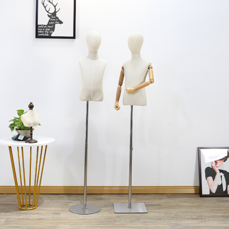 男女儿童模特橱窗展示道具半x身全身包布带头部童装店小孩衣架金