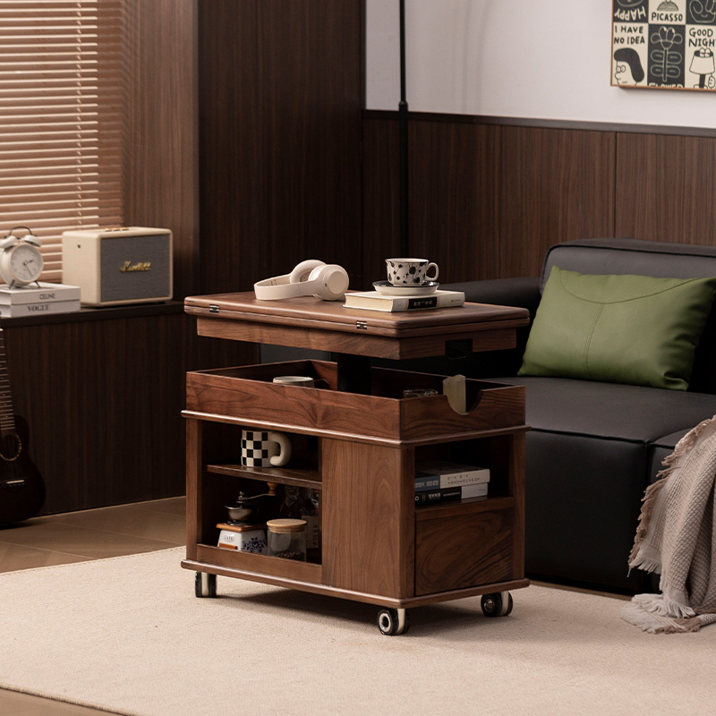 黑胡桃木可移动折叠边几家用客厅小户型升降实木茶几小桌子小推车