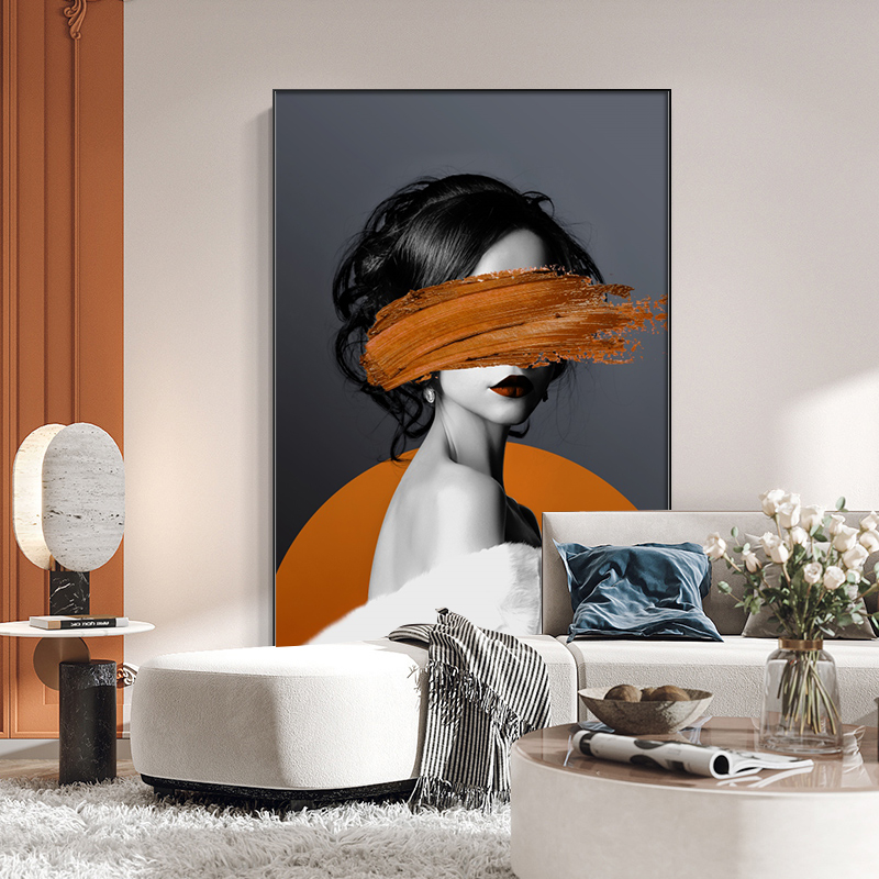 现代简约美女玄关装饰画人物橙色轻奢过道壁画客厅背景墙艺术挂画图片