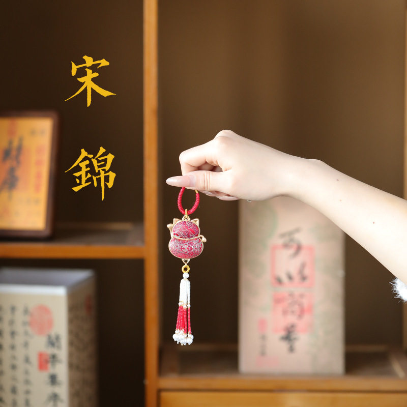 宋锦双面招财猫尖晶流苏包挂手机链挂件手工编织随身挂饰时尚百搭