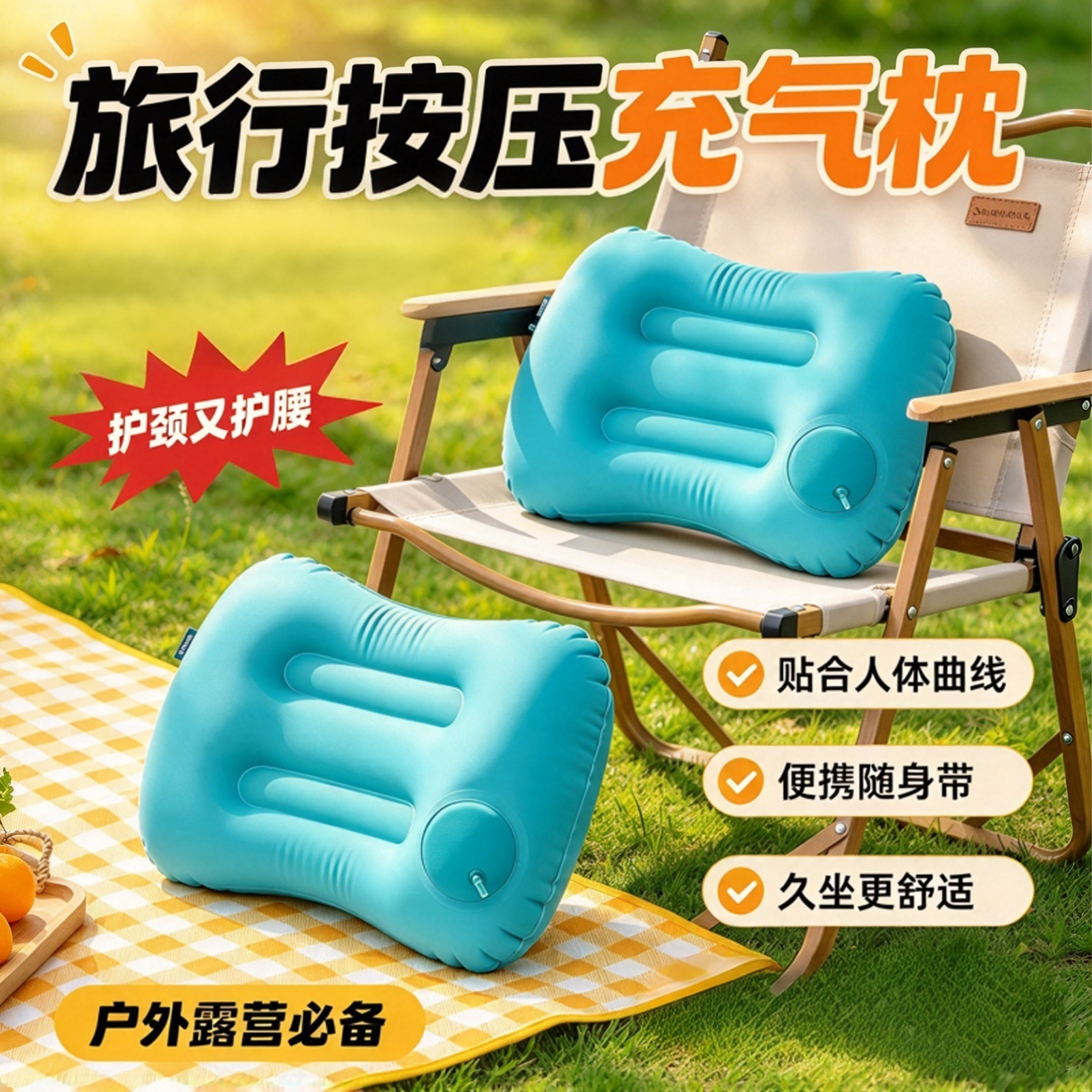 充气枕头旅行枕便携护腰靠垫坐车神器抱枕趴睡枕午休折叠吹气户外
