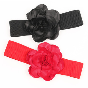弹力松紧宽腰带女夸张大花朵装饰裙子腰封腰饰红色饰品