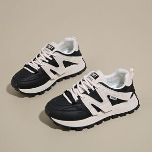 厚底增高老爹鞋女款2025秋季新款百搭休闲运动轻便皮面华夫阿甘鞋