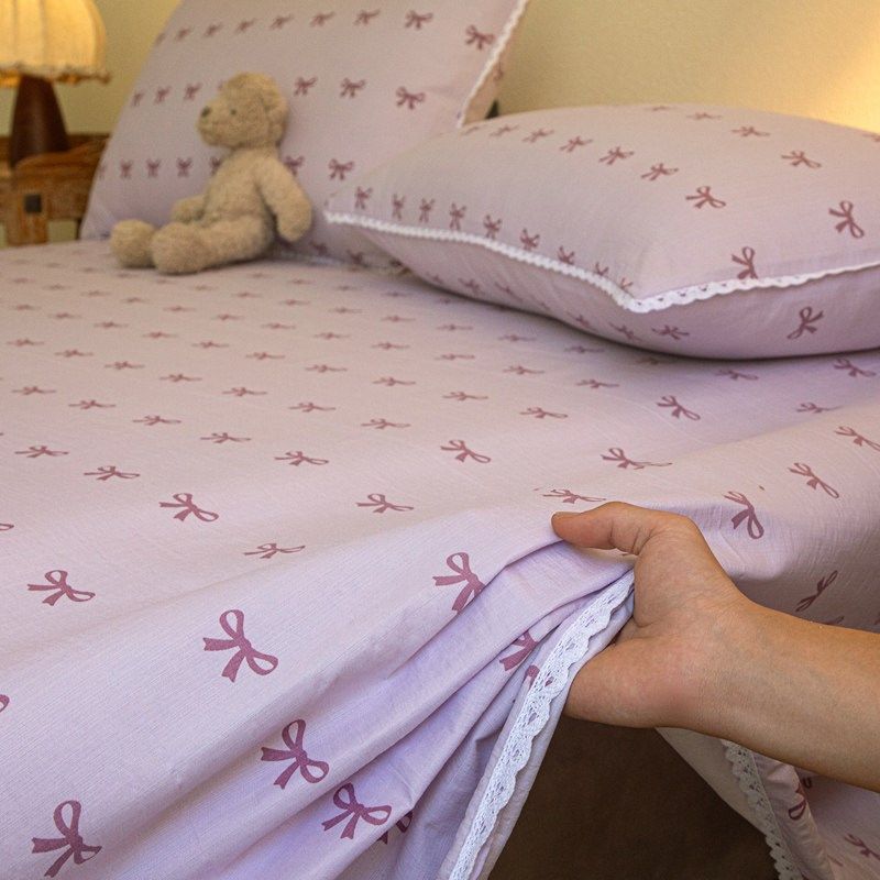 公主风紫色云感皱皱纱蝴蝶结单件床单蕾丝花边被单枕套宿舍三件套