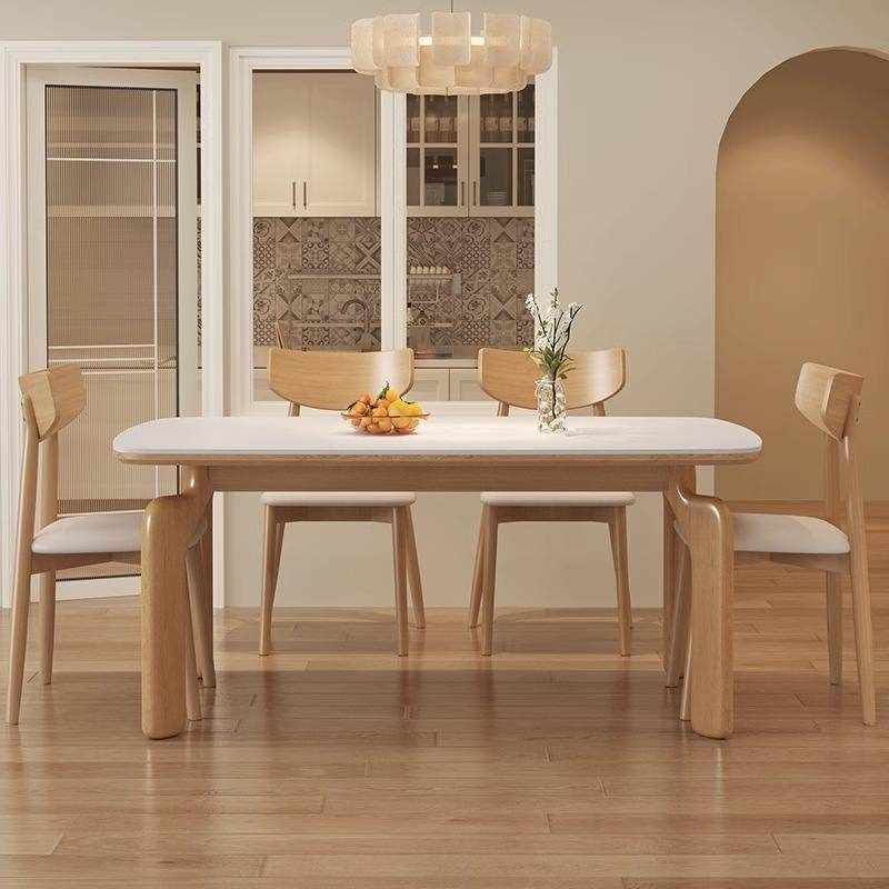 原木奶油风实木大象腿餐桌椅组合2024新款小户型长方形岩板桌