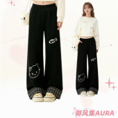 AURA美拉德直筒灯芯绒休闲裤 子 运动裤 女可爱卡通印花阔腿卫裤 新款
