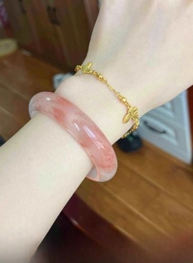 新疆桃花酿金丝玉手镯女款粉圆条天然余太翠少女和田玉扁条玉镯子