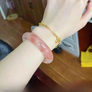 新疆桃花酿金丝玉手镯女款粉圆条天然余太翠少女和田玉扁条玉镯子