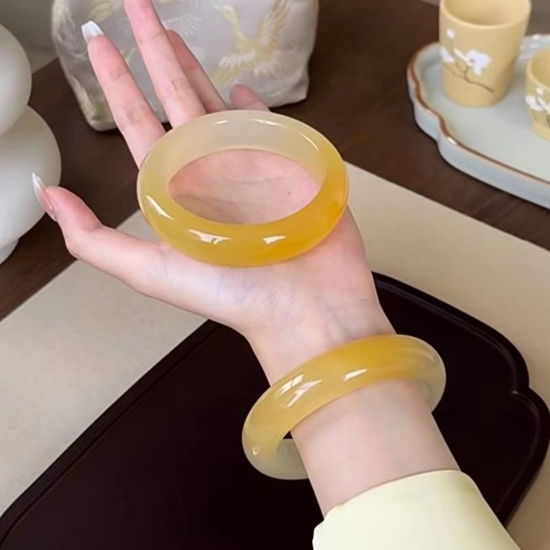 纯天然黄龙玉手镯金丝玉镯子小众玉镯女款半山水桂花酿手镯送情人