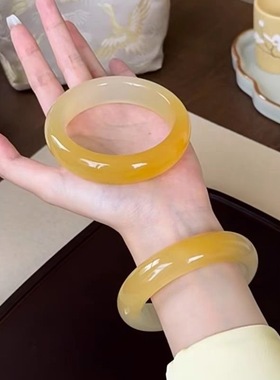 纯天然黄龙玉手镯金丝玉镯子小众玉镯女款半山水桂花酿手镯送情人