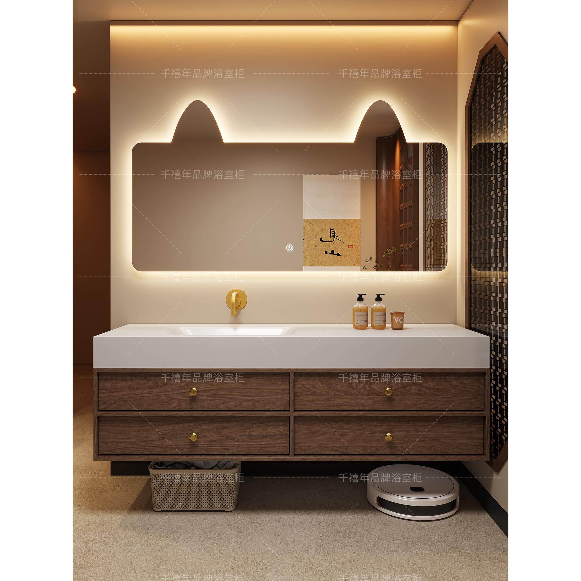 中古风岩板热弯无缝一体盆浴室柜组合卫生间洗漱台洗手洗脸池定制