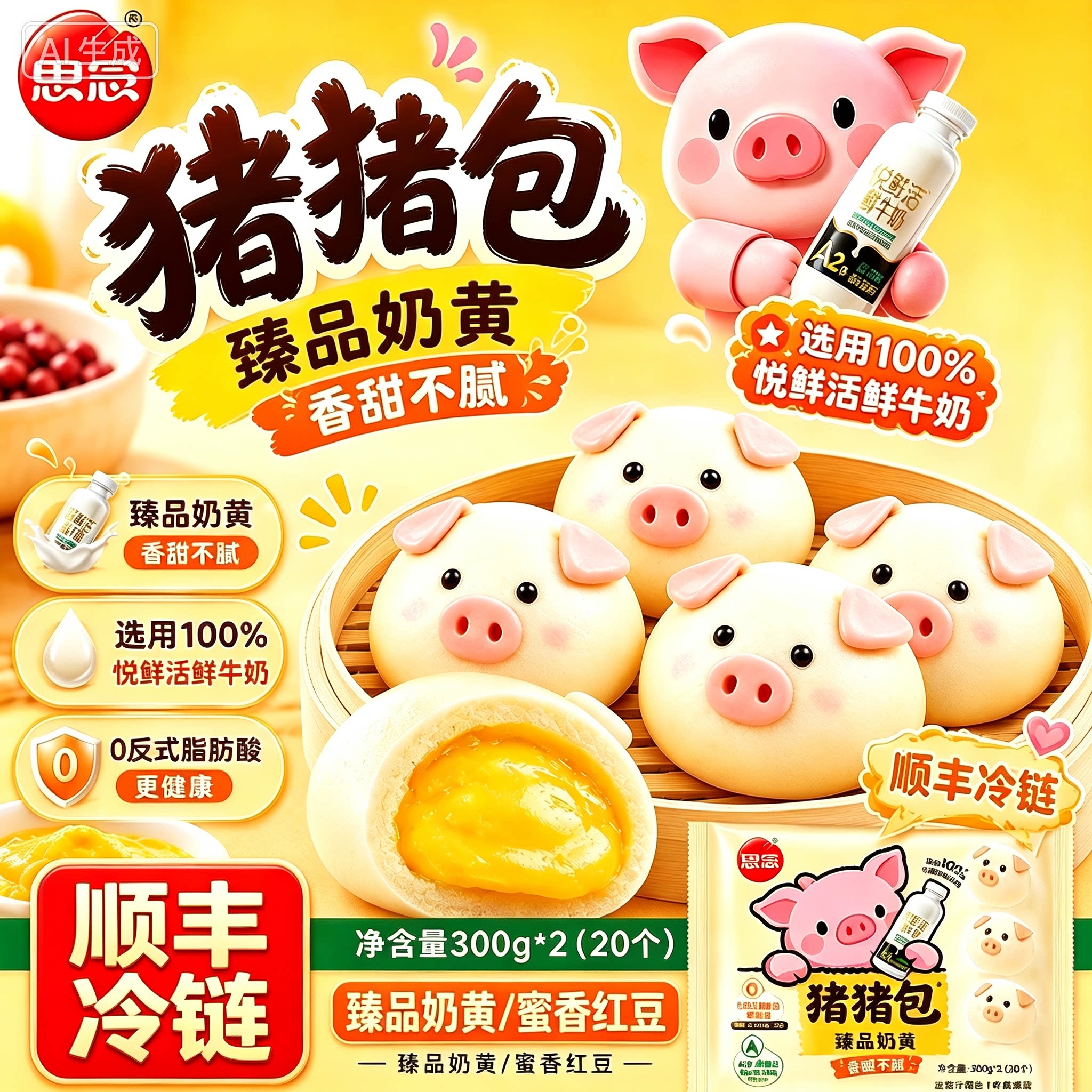 思念卡通猪猪奶黄包300g速食