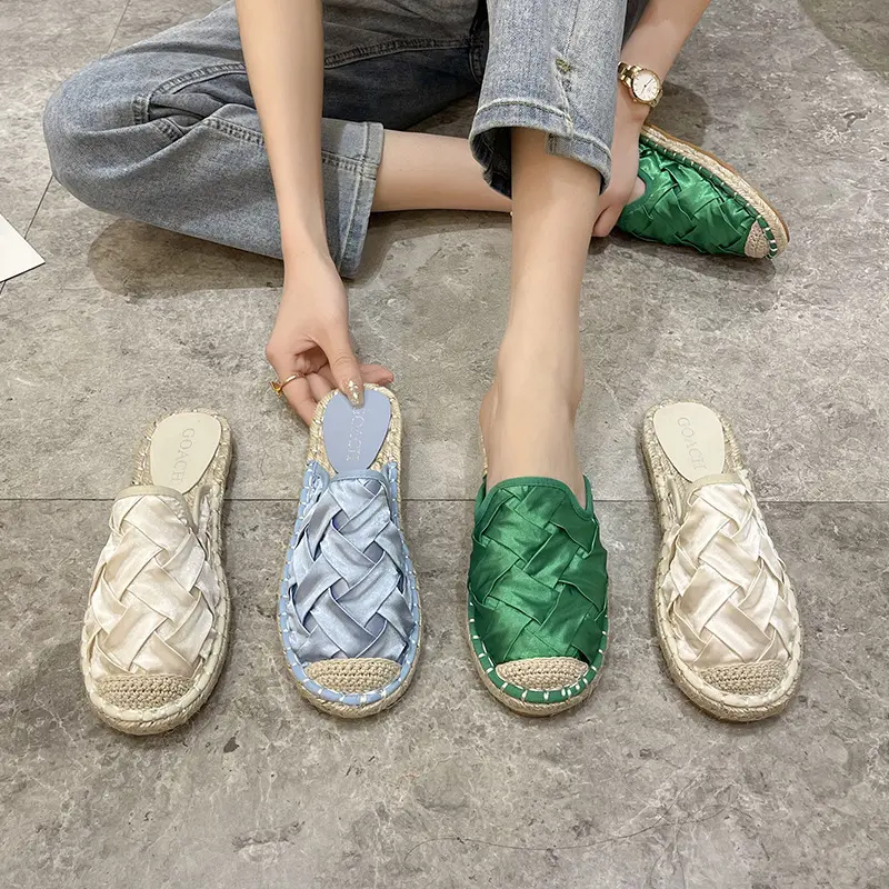 温柔慵懒感~INS草编织麻底渔夫鞋女夏季晚风包头半拖鞋懒人一脚蹬