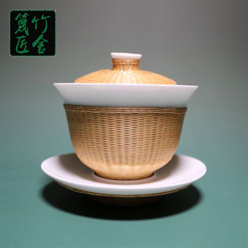 手工非遗瓷胎竹编盖碗竹丝扣瓷茶具功夫茶具三才碗特色扣碗茶具