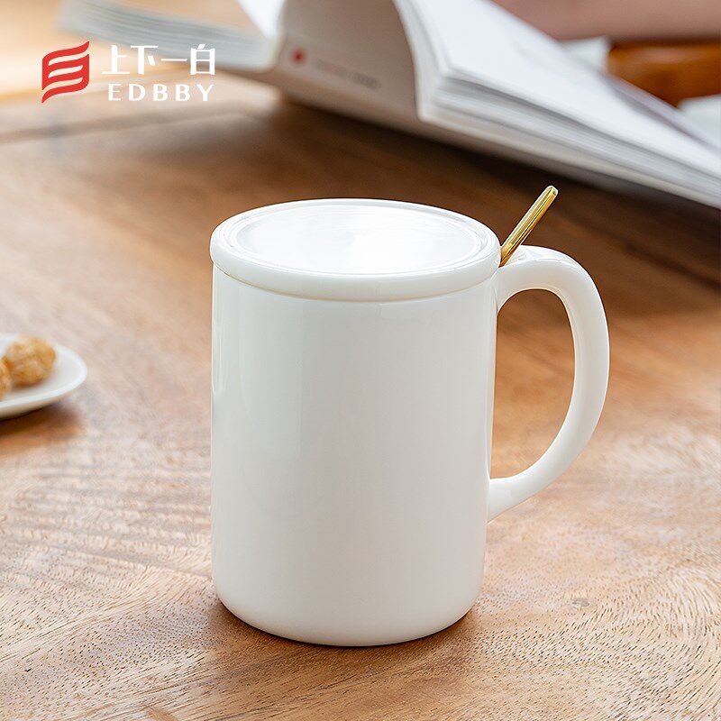 一白陶瓷杯勺盖容量马克杯咖啡牛奶杯杯