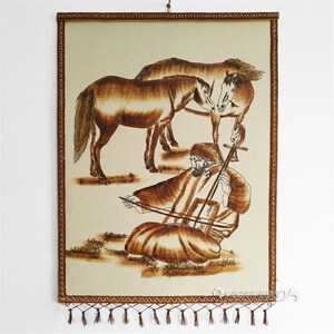 手工毡画烫画老人拉马头琴挂画内蒙古工艺品烫毡画饭店蒙餐馆挂画