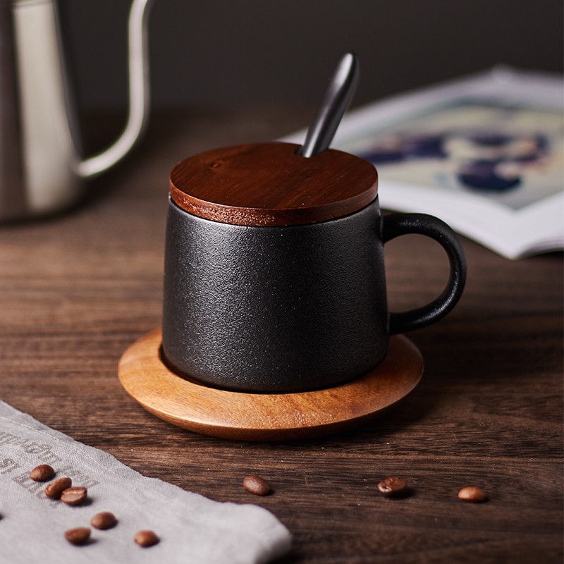 欧式简约陶瓷杯盖勺黑色磨砂咖啡杯配底座马克杯咖啡厅杯