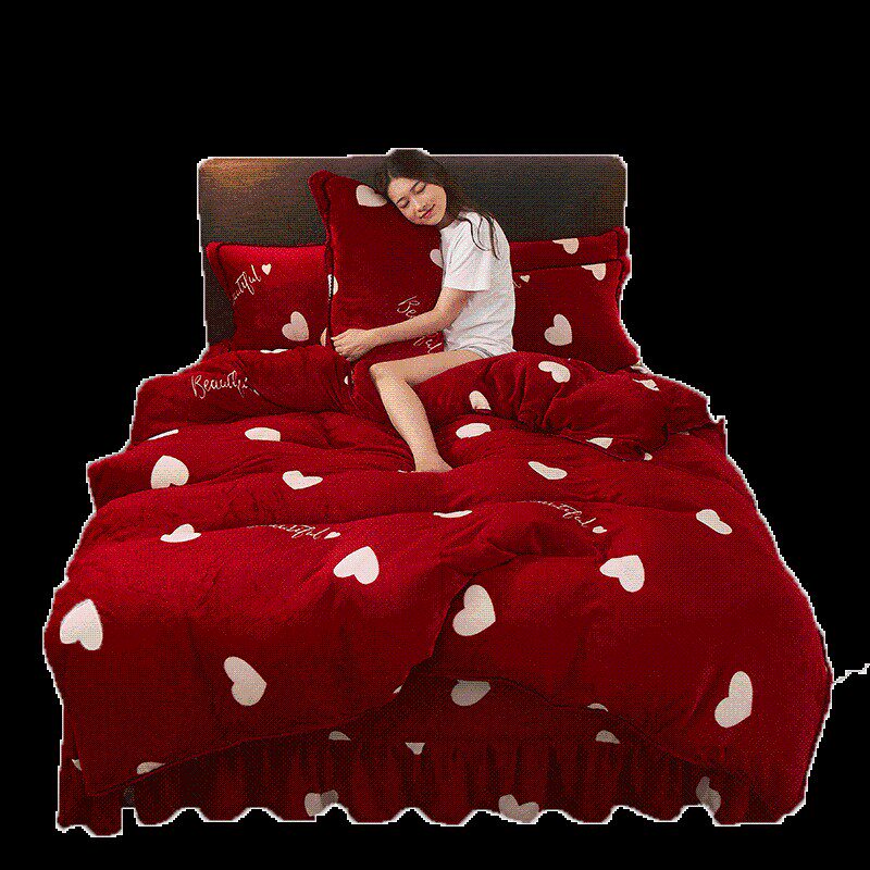 珊瑚绒结婚四件套冬季加厚金貂绒婚房红色双面绒法莱绒婚庆绒