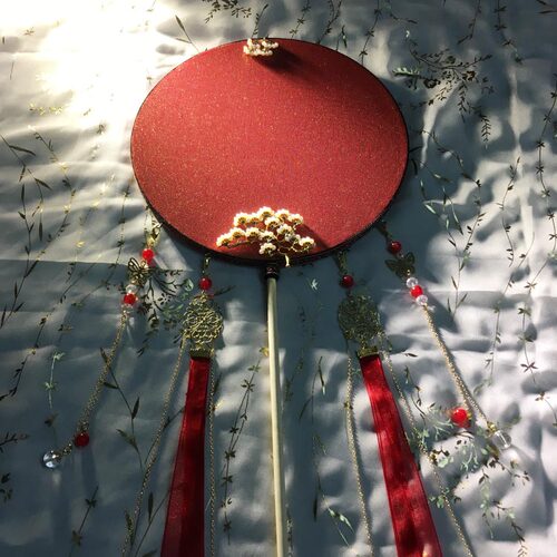 红色长柄团扇成品团扇汉服扇子古风拍照摄影舞蹈道具Y自宫扇