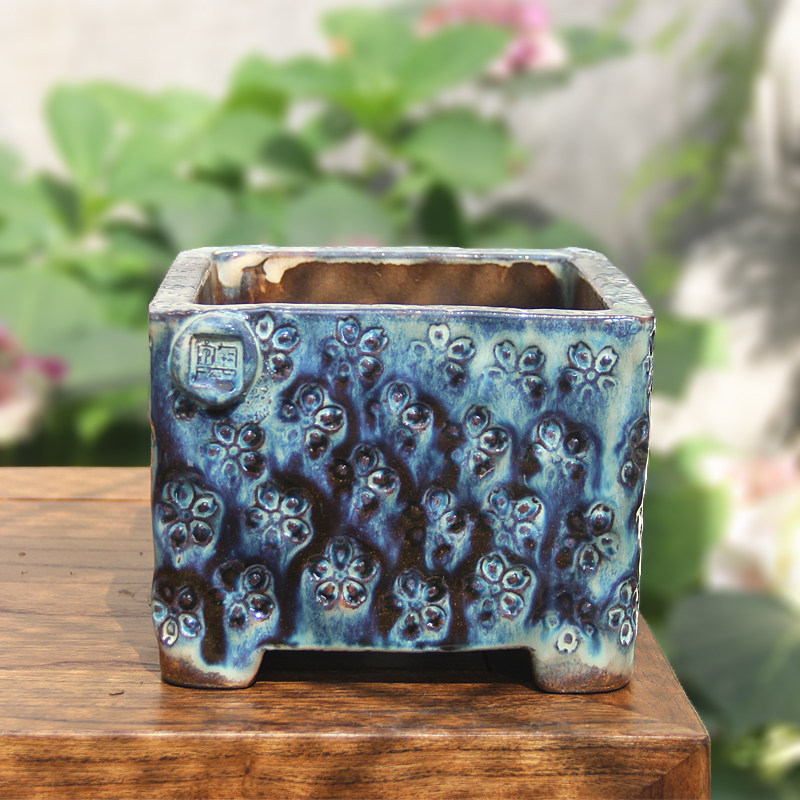 印象派精品高端花器复古粗陶手工方形印纹创意高温窑变花盆
