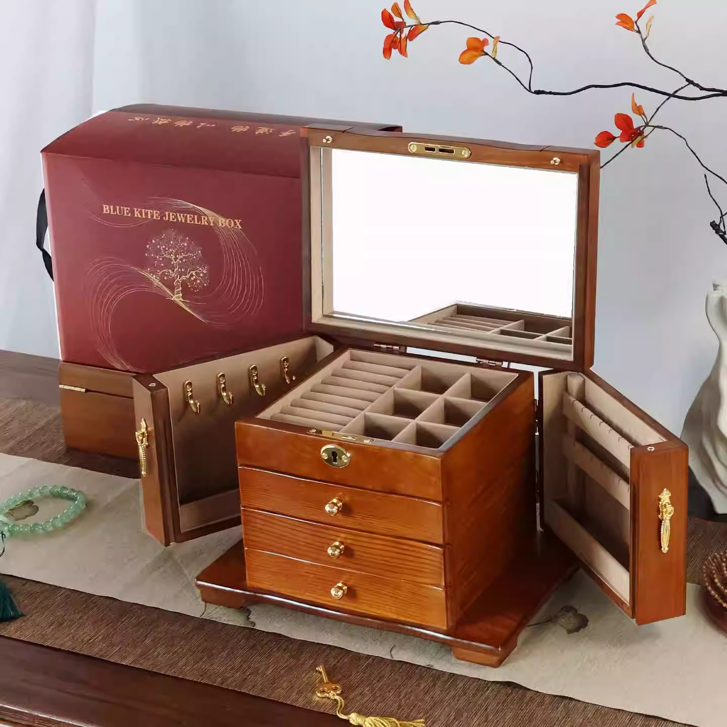 实木首饰盒带锁多层复古收纳盒木质饰品珠宝黄金送礼结婚加礼品盒