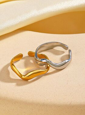 欧美简约风不规则异形戒指女小众设计感流行百搭开口调节镀金戒指