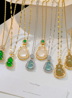 小众设计新款国风满钻铜微镶玉葫芦项链女ins百搭风锁骨链铜吊坠