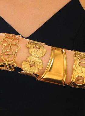 欧美不锈钢花朵手镯简约时尚夸张18k真金宽面镯子ins风手镯女手饰