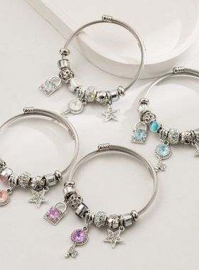 潘家多拉百搭不锈钢手镯女个性镶钻锁钥匙镶钻精美闺蜜可调节手环