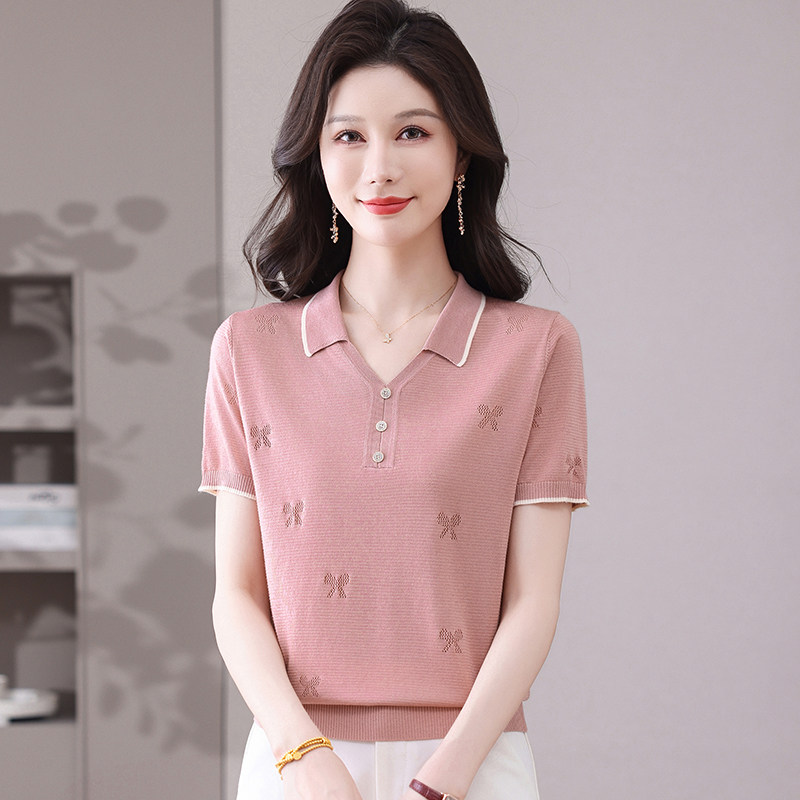 子苓Polo领短袖洋气质t恤女夏季新款时尚显瘦上衣宽松大码针织衫