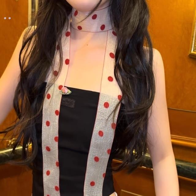 韩国春夏珠光细长条款丝巾女欧根纱波点飘带辣妹装饰蕾丝窄版颈饰