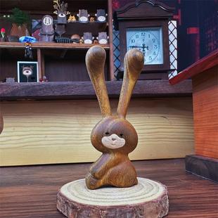 绿檀木兔子摆件可爱创意实木质小动物家居装 饰品鼻子按摩器具礼品