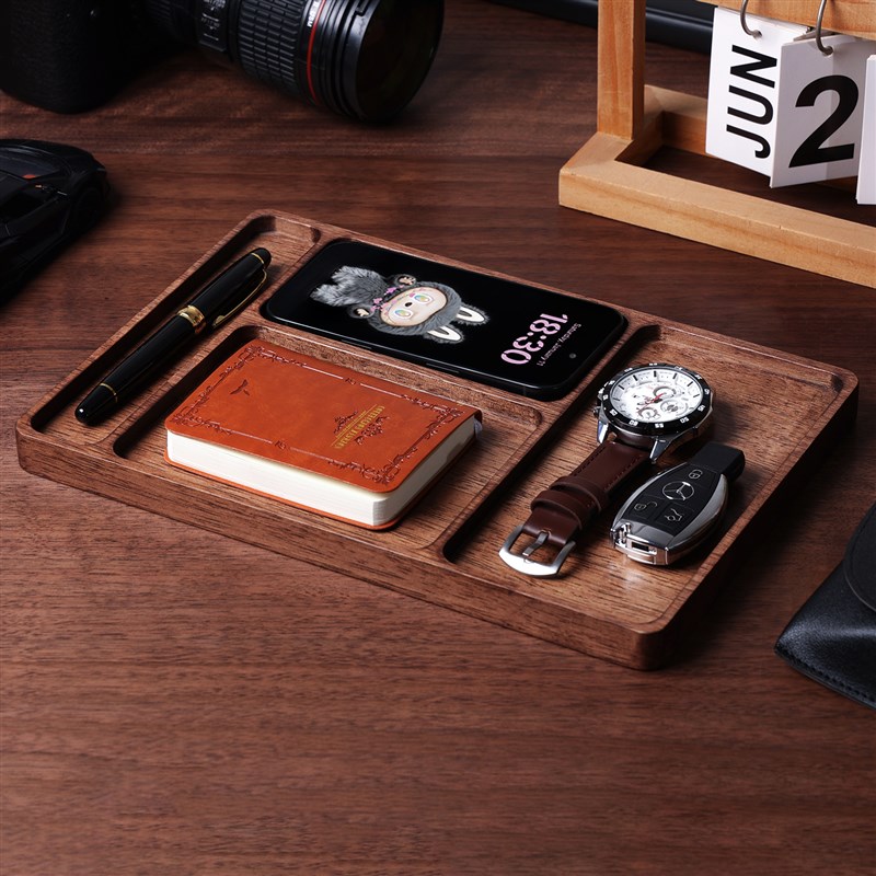 黑胡桃实木桌面收纳托盘木制桌子组织者盒咖啡茶杯木制托盘