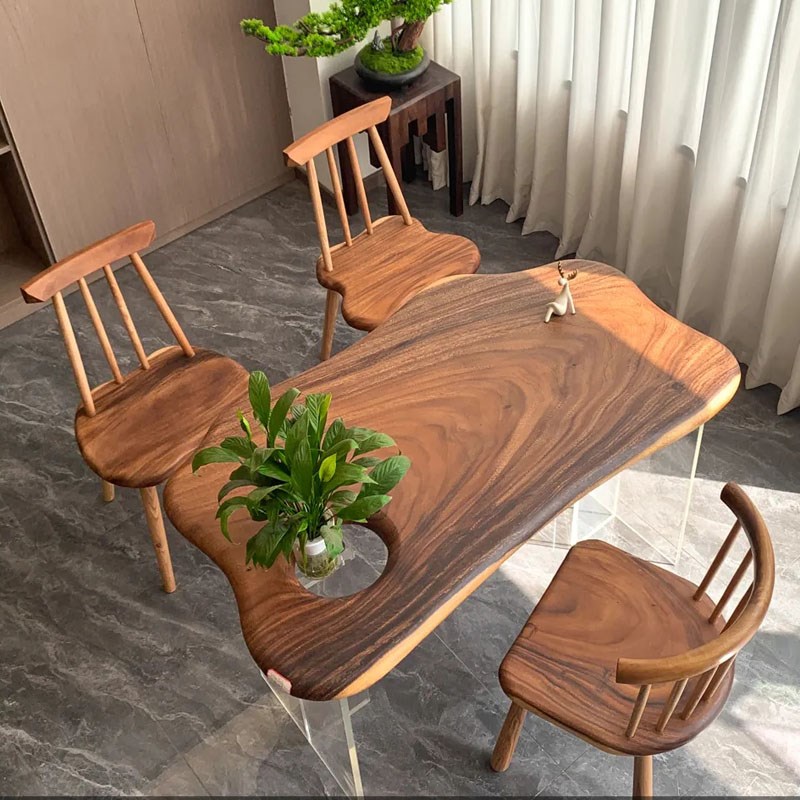 胡桃木实木大板茶桌原木茶台雨木随形桌休闲桌异形泡茶桌桌椅组合