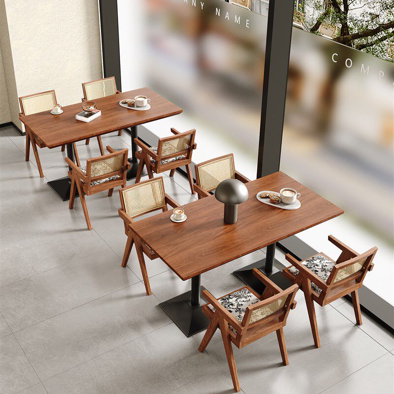 餐饮店商用实木餐桌主题餐厅桌椅套装覆古咖啡厅饭店休息区长方桌
