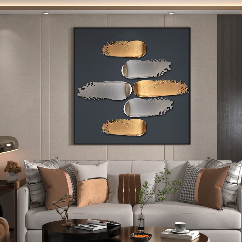 现代无障碍豪华客厅入口装饰画金色油画艺术抽象背景墙方形挂画壁图片